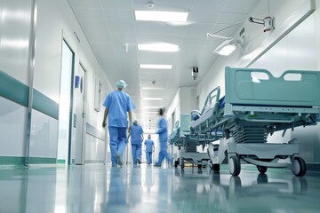 Blurred figures of people with medical uniforms in hospital corridor