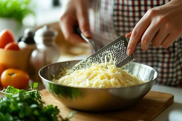 Close-up of hands grating cheese in a kitchen with fresh ingredients