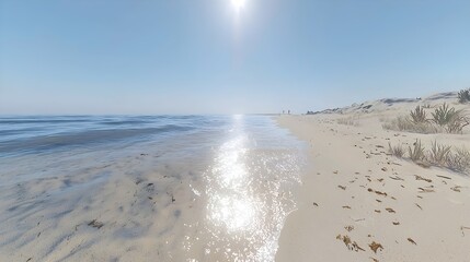 A serene beach scene with sparkling water reflecting sunlight and a sandy shore on a sunny day.