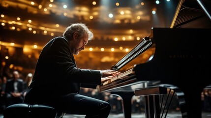 Wall Mural - Middle-aged man with gray beard playing grand piano on stage in concert hall with audience and warm ambient lighting