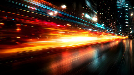 Abstract urban scene with dynamic light trails and reflections.