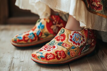 Wall Mural - Vibrant traditional embroidered shoes on wooden floor