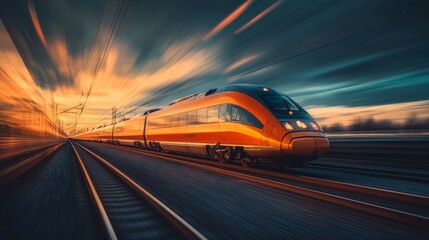 Fototapete - High-Speed Train in Motion Under Sunset Sky