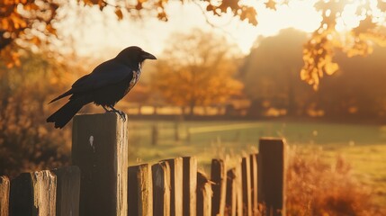 Wall Mural - A crow perched on a wooden fence post in a field at sunset with a blurred background of fall foliage and trees.