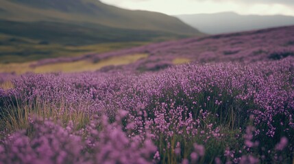 Purple heather fields stretching across the European landscape, with ample space for text