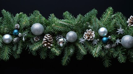 Festive holiday garland adorned with silver ornaments, pinecones, and sparkling elements against a dark background.