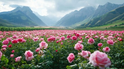 Wall Mural - Scenic European rose fields, vivid blooms surrounded by mountains, leaving space for text or branding