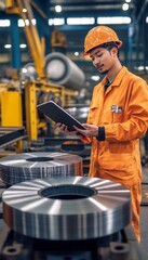 Factory Worker in Safety Gear Uses Digital Tablet, Industrial Efficiency and Modern Technology