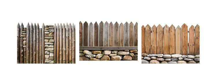 Poster - Three wooden fences with stone bases, showcasing different wood grain patterns.