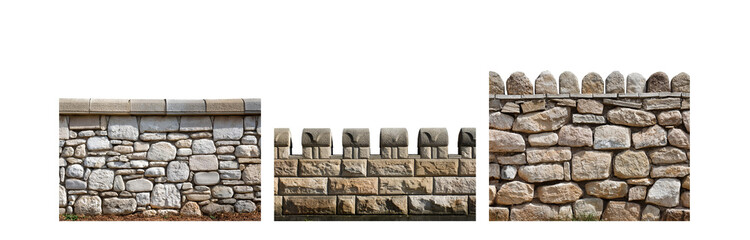 Poster - Three different stone walls, one has a row of rounded stones on top.