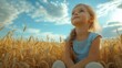 © liliyabatyrova - A young girl is sitting in a field of wheat, looking up at the sky