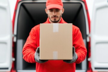 Male courier with a package in front of a red delivery van, ready for dispatch.