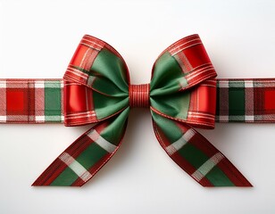 red green and white plaid christmas gift bow and ribbon long border curled isolated on a white background