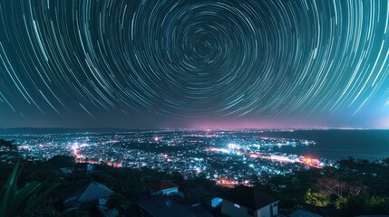 Wall Mural - star trail photography of night sky over city. astrophotography in lombok with long exposure motion