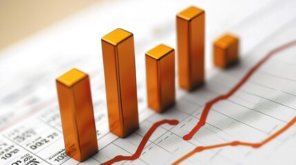 A close-up view of orange 3D bars representing data, overlaid on a financial graph with a trend line, illustrating growth or performance metrics.