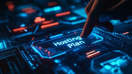 A finger pointing at a glowing button on a digital screen that reads 'Hosting Plan'.