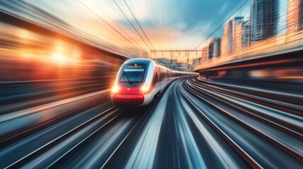 Aufkleber - Fast Train in Motion at Sunset with Urban Background
