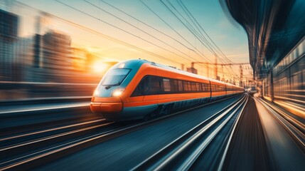 Aufkleber - Fast Train Passing Through Urban Landscape at Sunset