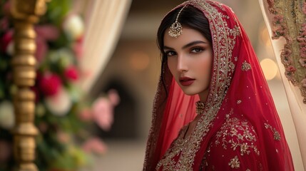 Elegant woman in ornate red bridal attire, exuding grace and beauty in a traditional setting.