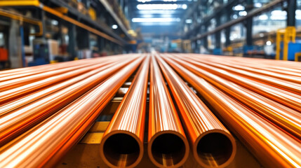 Close-up of copper pipes arranged in a factory setting, showcasing the sheen and texture of the material against a blurred industrial background.