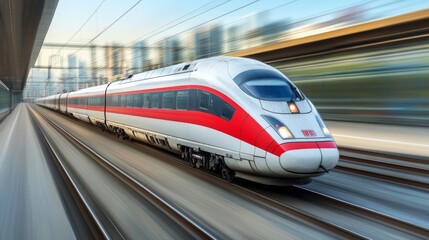Fototapete - High-Speed Train in Motion on Urban Tracks