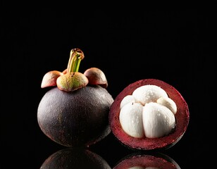 fresh cut of mangosteen at black background