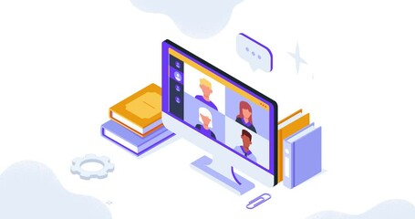 Online education. Moving banner with students standing next to computer screen and listening to remote lecture, webinar or course. Learning and studying on internet. Isometric 3D Animated Graphics