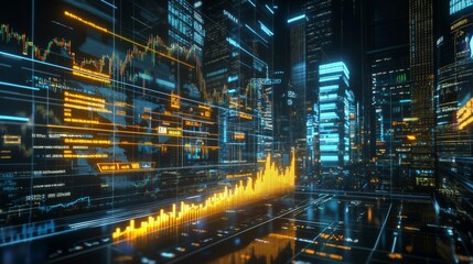 Fototapete - Futuristic Cityscape with Data Visualization Elements