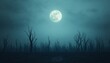 © good everyday - A haunting landscape under a full moon with barren trees and misty atmosphere.