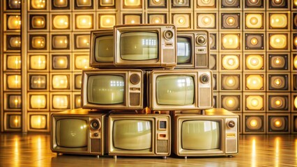 Vintage televisions stacked against a retro lighting wall