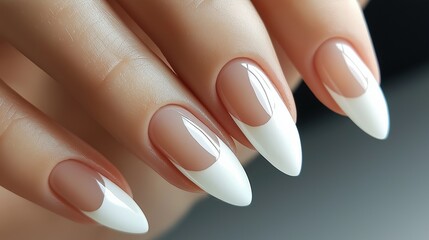 Wall Mural - Women's manicure with a delicate French design, gel polish with white stripes