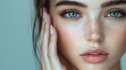 Canvas Print - Young woman touching her face isolated