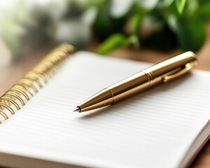 Gold pen on notebook with green background