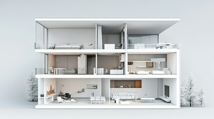 A detailed technical cutaway view of a modern, minimalist white home, highlighting clean lines and functional design elements.