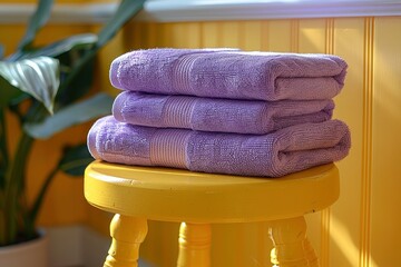 stack of towels in bathroom interior in yellow and purple tones. copy space. bathroom, spa, wellness space, elegance and comfort concept