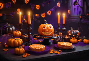 A Halloween party is held in a room decorated with skeletons and colorful candies scattered on a large table. In the center of the table is a large pumpkin cake.