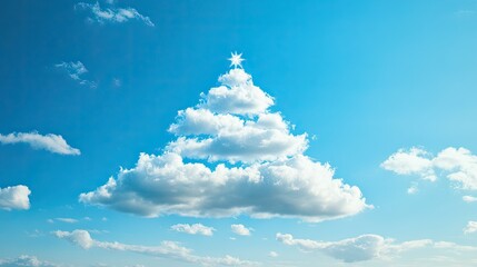 A vibrant blue sky with fluffy white clouds in the shape of a Christmas tree, providing a whimsical and festive visual against a clear background.