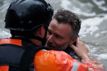 In an emotional rescue scene, a man is pulled to safety by a dedicated rescue worker in the water, highlighting the bravery and solidarity in disaster responses.