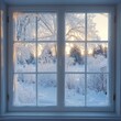 © Lucky_jl - A serene winter scene viewed through a frosted window, showcasing snow-covered trees at sunrise.