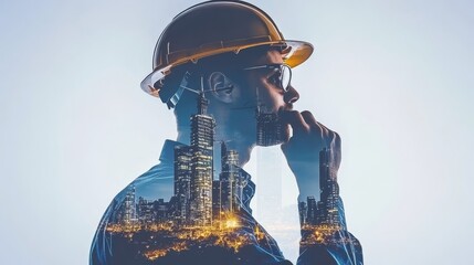 Engineer In Helmet With Double Exposure Of Cityscape. Construction, Engineering Concept.