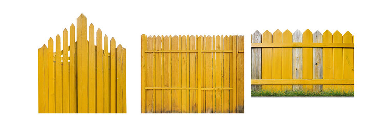 Poster - A yellow wooden fence with pointed tops.