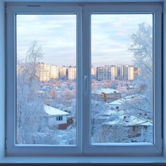 A serene winter view through a window showcasing a snowy landscape and frosted trees with urban buildings in the background.