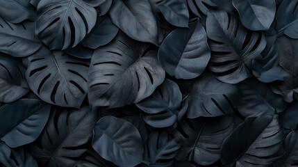 Wall Mural - A collection of dark monstera leaves arranged in an overlapping pattern, creating a textured and uniform background.