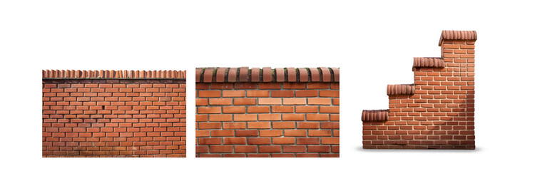 Poster - Brick wall with different textures, one section has moss, the other section has a decorative curved top.