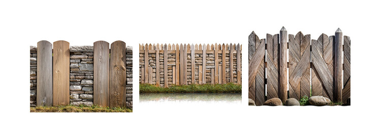 Poster - Three different types of wooden fences, one with stone, one with a stone wall and the other with a different style.