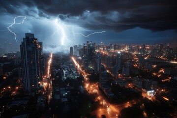 A modern city skyline is dramatically illuminated by a cascading lightning storm, highlighting the electric tension between civilization and the forces of nature.