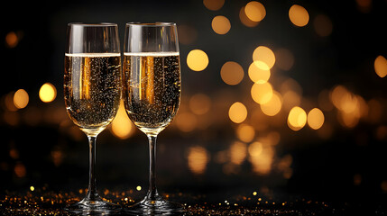 Two sparkling glasses of champagne with a festive background.