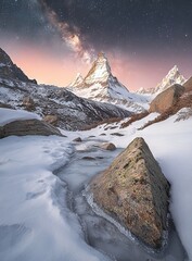 Wall Mural - winter landscape with mountains at night.
