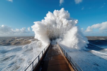 A giant wave impacts the terminus of a raised walkway over the ocean, creating an immense splash that dominates the view, under a vivid blue sky with clouds.