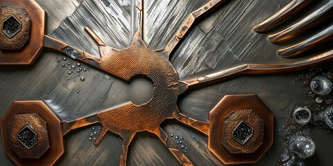 Poster - Abstract metal background with a copper starburst design and water droplets.